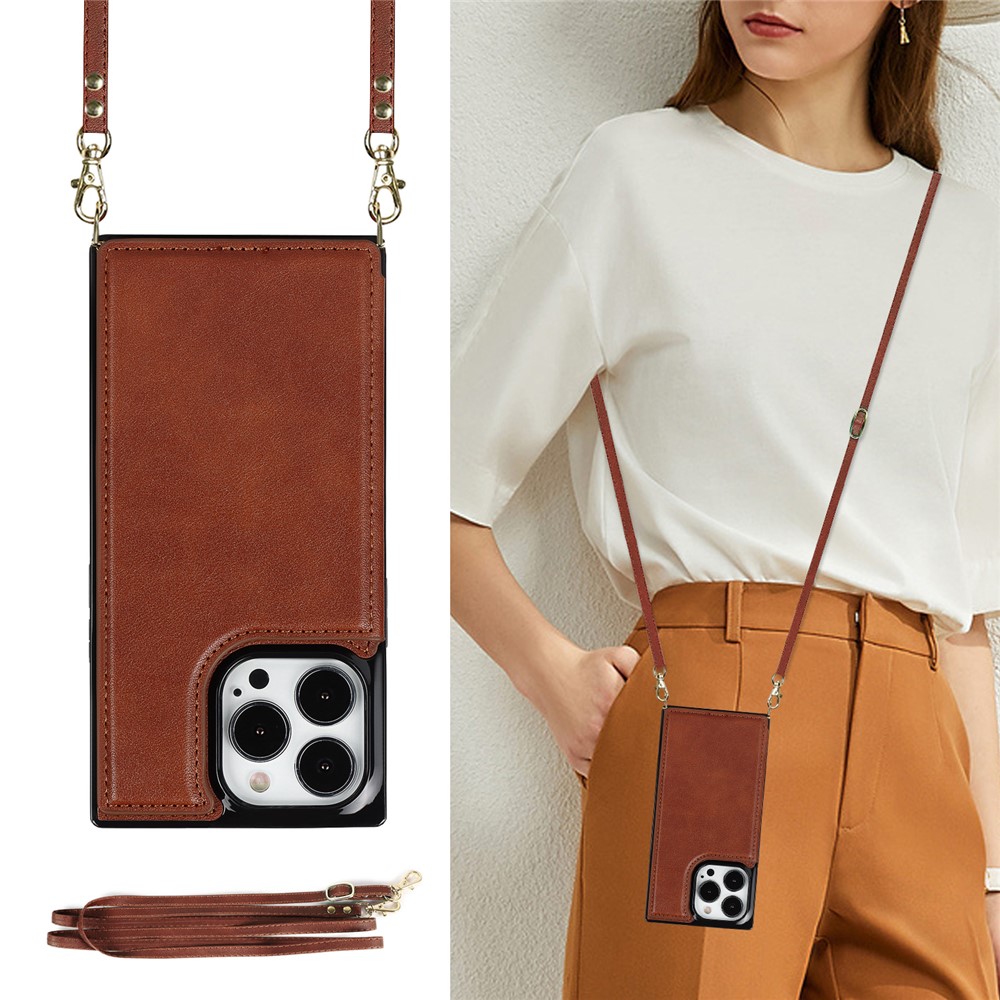 Shoulders Phone Pouch Kickstand RFID Blocking Anti-theft Swiping Protective Cover for iPhone 13 Pro Max - Brown-5