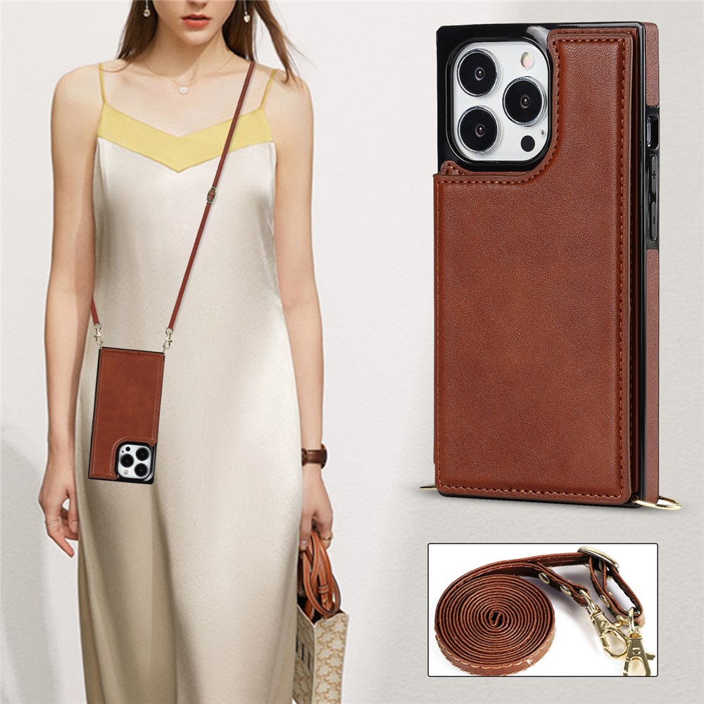 Shoulders Phone Pouch Kickstand RFID Blocking Anti-theft Swiping Protective Cover for iPhone 13 Pro Max - Brown-8