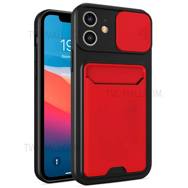 Anti-scratch Slide Camera Protector Card Slot Design Hard PC+TPU Phone Cover Shell for iPhone 12 6.1 inch - Red-1