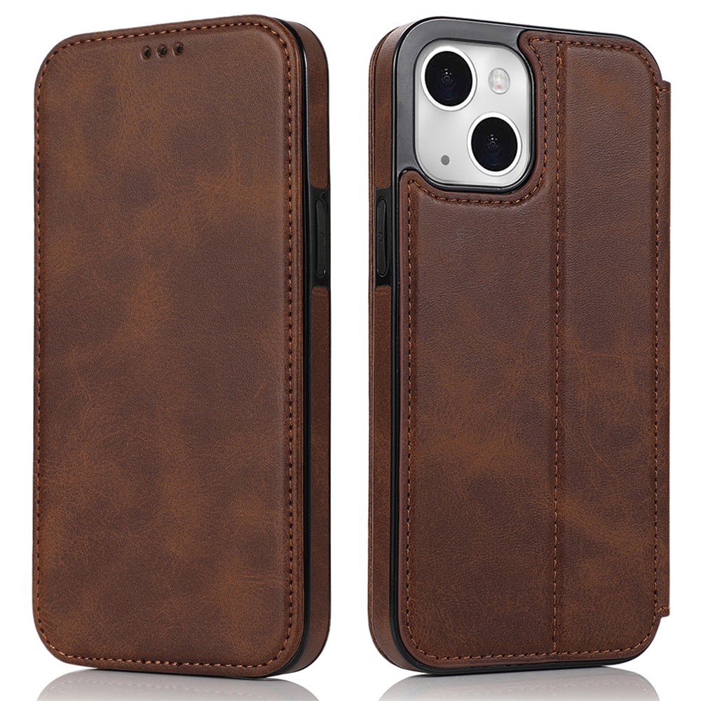 Jazz Series Auto-absorbed Magnetic Closure Stand Leather Phone Cover Shell with Card Slots for iPhone 13 mini 5.4 inch - Brown