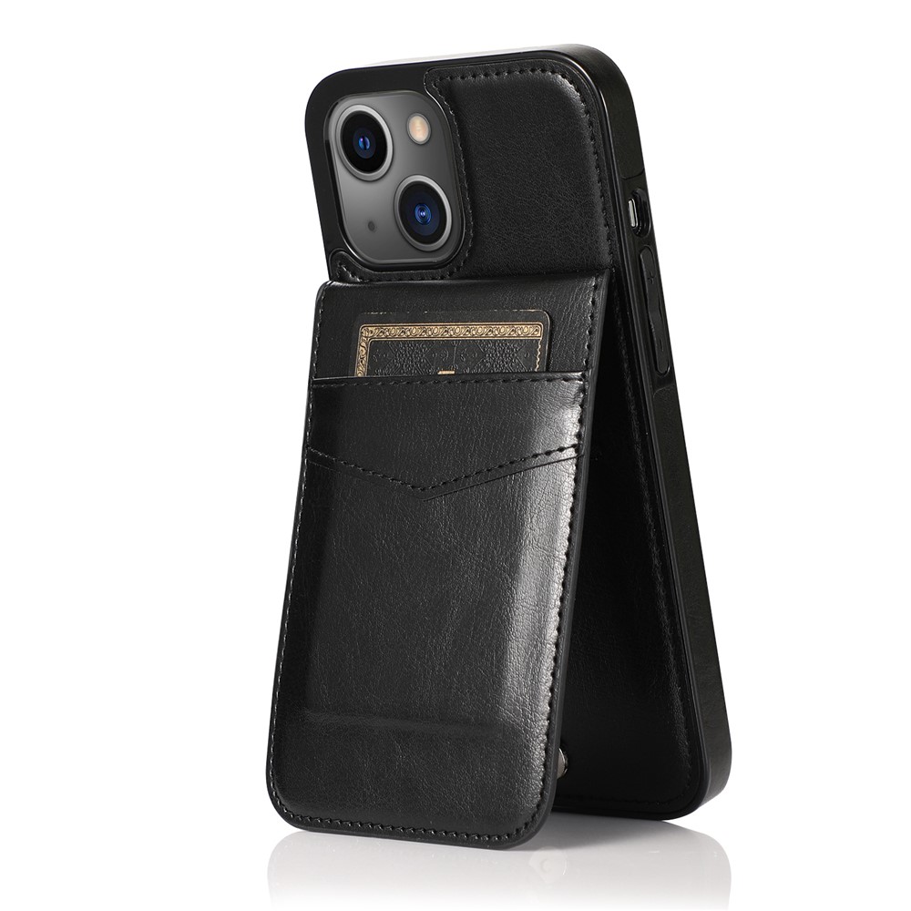 Card Holder Design PU Leather + TPU Solid Color Well-Protected Phone Case Kickstand Cover for iPhone 13 6.1 inch - Black-4