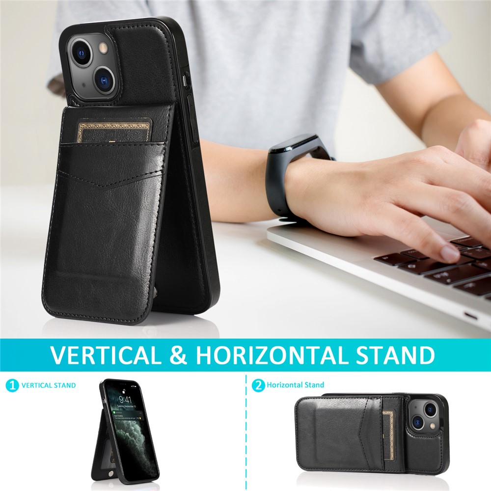 Card Holder Design PU Leather + TPU Solid Color Well-Protected Phone Case Kickstand Cover for iPhone 13 6.1 inch - Black-6