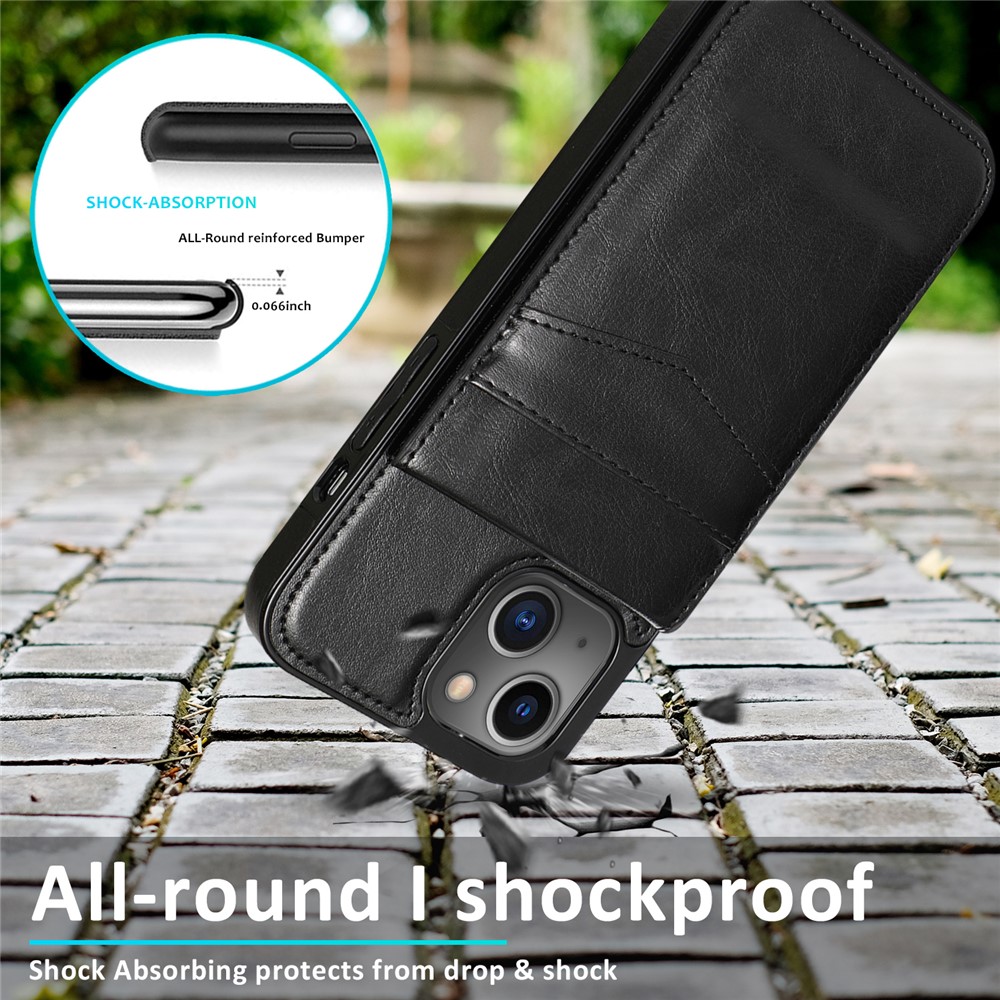 Card Holder Design PU Leather + TPU Solid Color Well-Protected Phone Case Kickstand Cover for iPhone 13 6.1 inch - Black-8