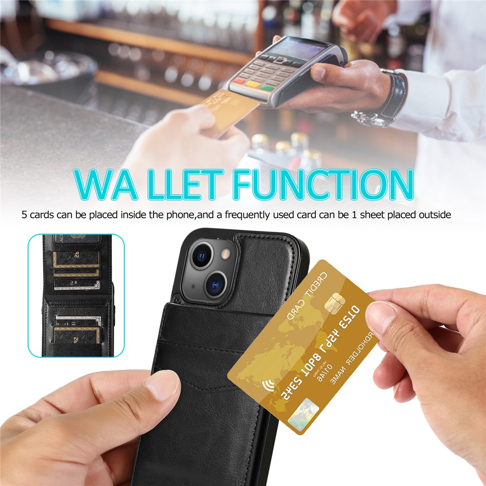 Card Holder Design PU Leather + TPU Solid Color Well-Protected Phone Case Kickstand Cover for iPhone 13 6.1 inch - Black-9