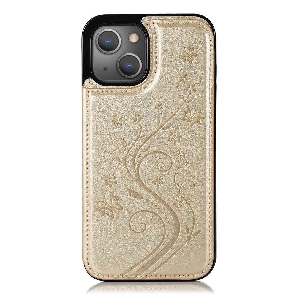 Phone Cover Imprinted Flower Kickstand Card Holder Scratch-resistant PU Leather Coated TPU Protective Case for iPhone 13 6.1 inch - Gold-2