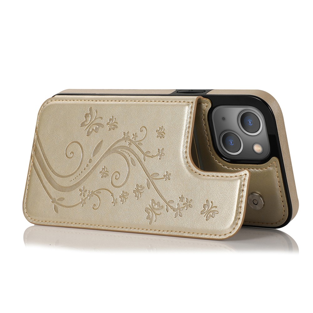 Phone Cover Imprinted Flower Kickstand Card Holder Scratch-resistant PU Leather Coated TPU Protective Case for iPhone 13 6.1 inch - Gold-3