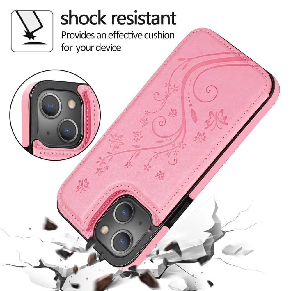 Phone Cover Imprinted Flower Kickstand Card Holder Scratch-resistant PU Leather Coated TPU Protective Case for iPhone 13 6.1 inch - Gold-5