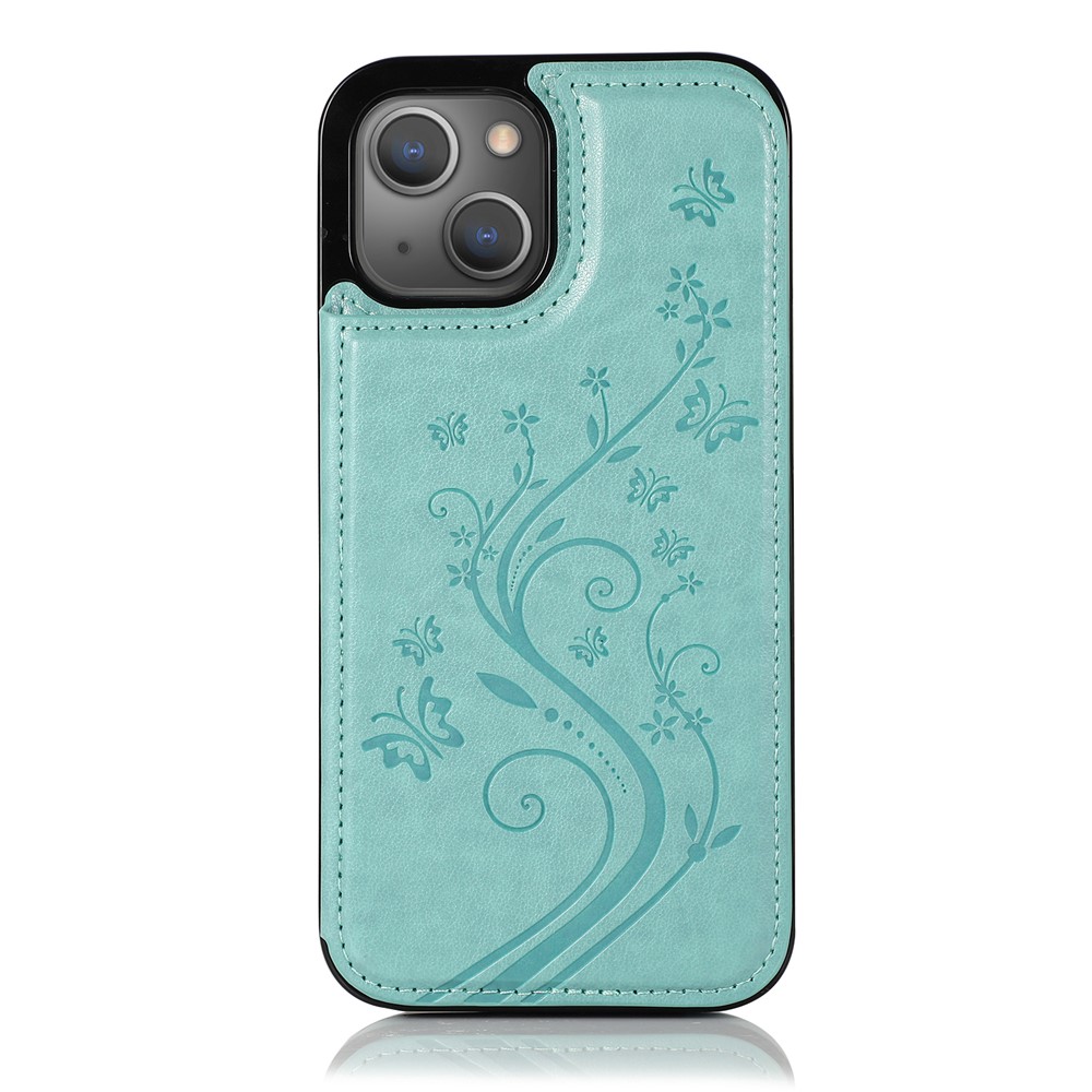 Kickstand Card Holder Imprinted Flower Scratch-resistant PU Leather Coated TPU Protective Case Phone Cover for iPhone 13 mini 5.4 inch - Sky Blue-2