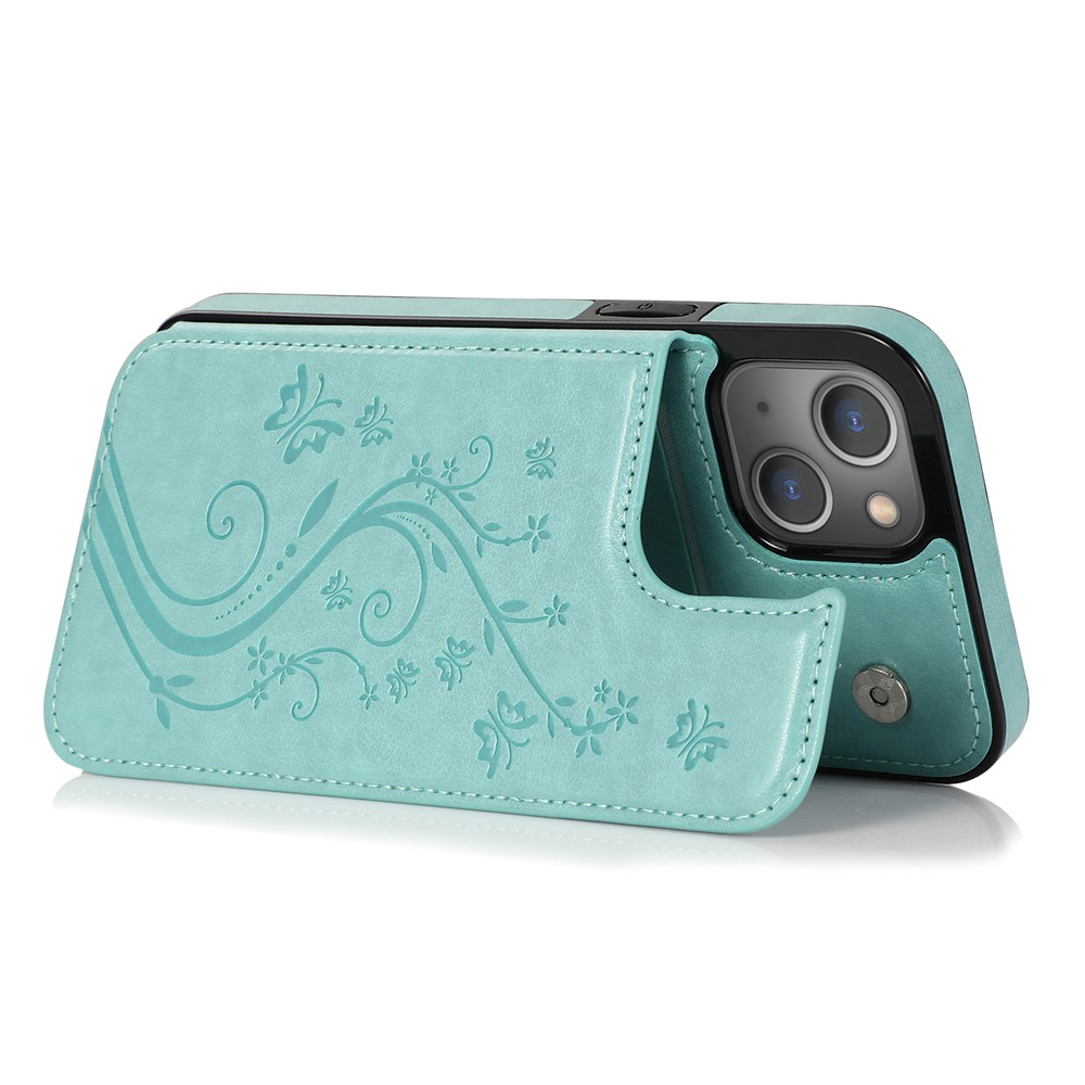 Kickstand Card Holder Imprinted Flower Scratch-resistant PU Leather Coated TPU Protective Case Phone Cover for iPhone 13 mini 5.4 inch - Sky Blue-3