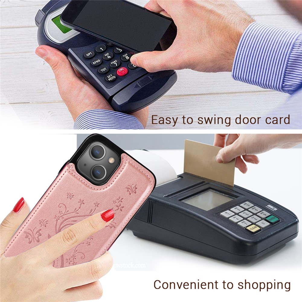 Kickstand Card Holder Imprinted Flower Scratch-resistant PU Leather Coated TPU Protective Case Phone Cover for iPhone 13 mini 5.4 inch - Sky Blue-9