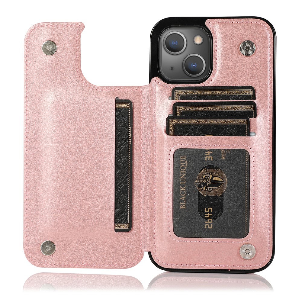 Kickstand Card Holder Imprinted Flower Scratch-resistant PU Leather Coated TPU Protective Case Phone Cover for iPhone 13 mini 5.4 inch - Rose Gold