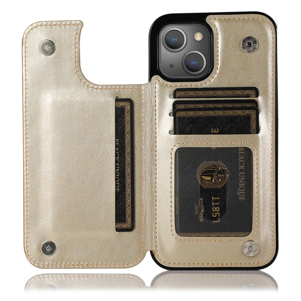 Kickstand Card Holder Imprinted Flower Scratch-resistant PU Leather Coated TPU Protective Case Phone Cover for iPhone 13 mini 5.4 inch - Gold