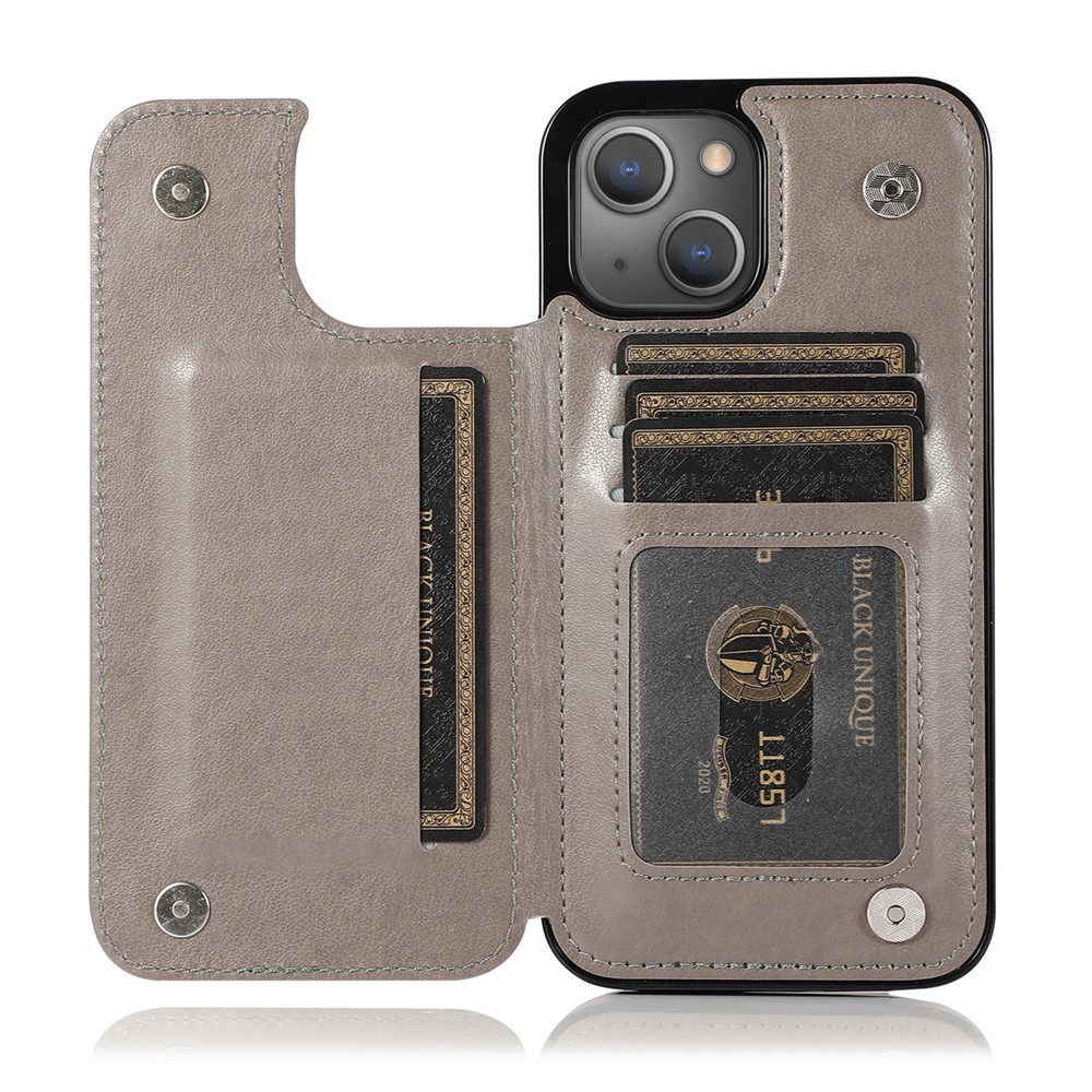 Kickstand Card Holder Imprinted Flower Scratch-resistant PU Leather Coated TPU Protective Case Phone Cover for iPhone 13 mini 5.4 inch - Grey
