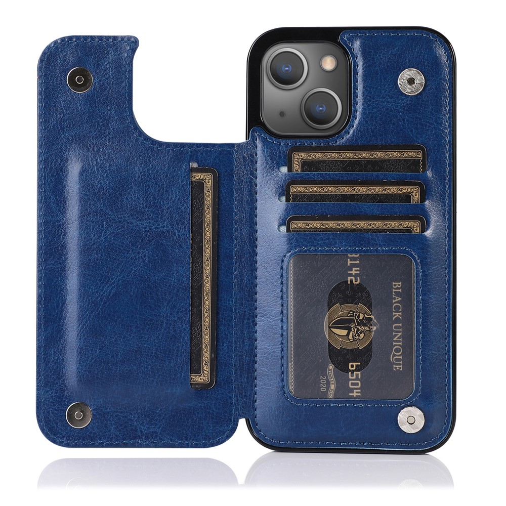 Scratch-resistant Phone Cover PU Leather Coated TPU Phone Case Double Magnetic Buttons Crazy Horse Texture with Kickstand Card Holder for iPhone 13 mini 5.4 inch - Blue-1