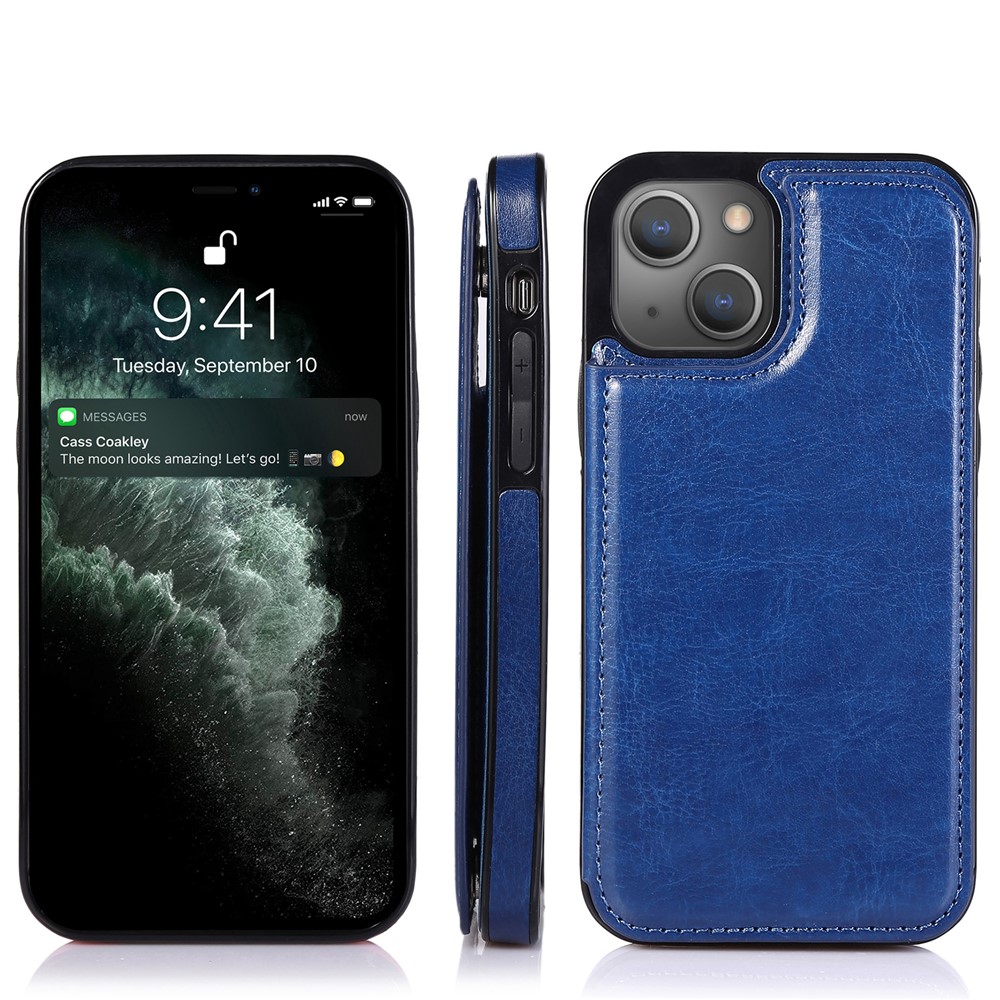 Scratch-resistant Phone Cover PU Leather Coated TPU Phone Case Double Magnetic Buttons Crazy Horse Texture with Kickstand Card Holder for iPhone 13 mini 5.4 inch - Blue-10