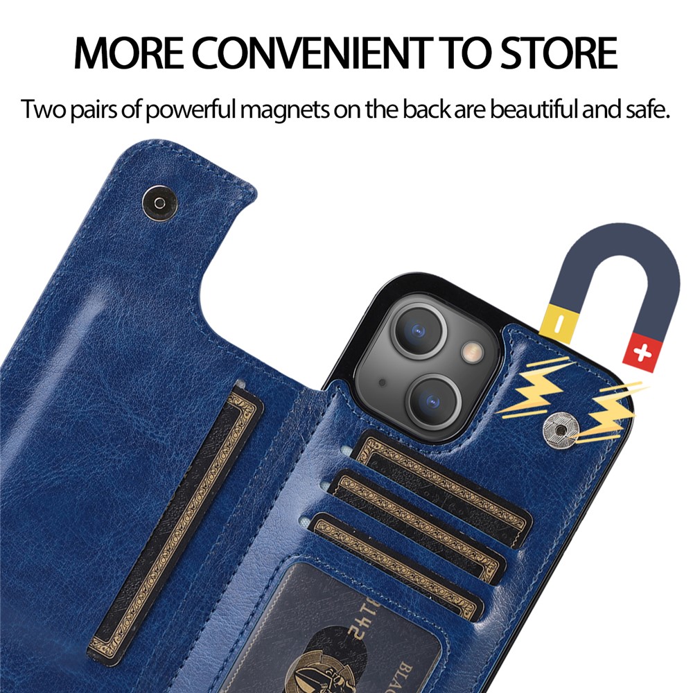 Scratch-resistant Phone Cover PU Leather Coated TPU Phone Case Double Magnetic Buttons Crazy Horse Texture with Kickstand Card Holder for iPhone 13 mini 5.4 inch - Blue-7
