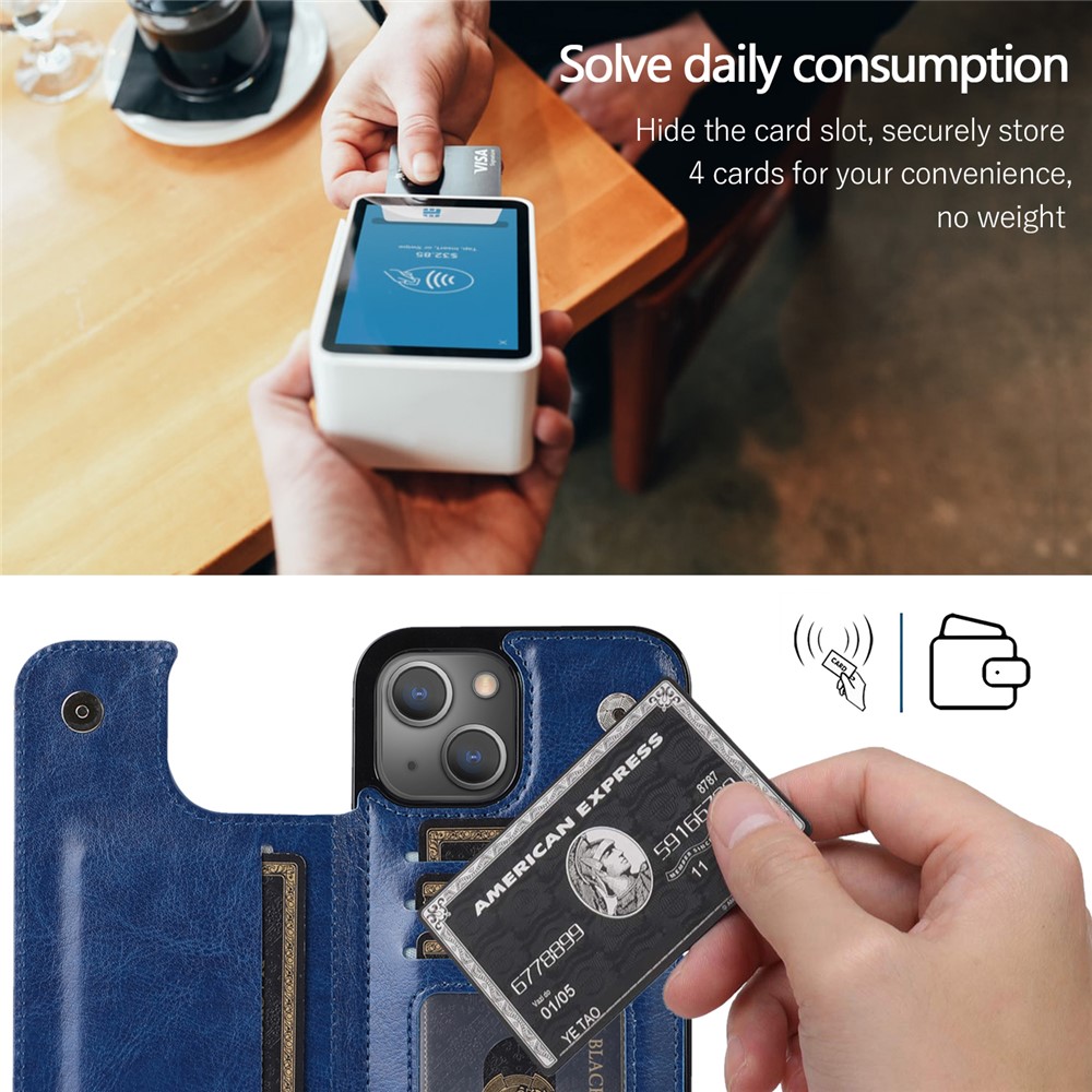 Scratch-resistant Phone Cover PU Leather Coated TPU Phone Case Double Magnetic Buttons Crazy Horse Texture with Kickstand Card Holder for iPhone 13 mini 5.4 inch - Blue-8