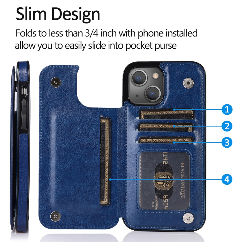 Scratch-resistant Phone Cover PU Leather Coated TPU Phone Case Double Magnetic Buttons Crazy Horse Texture with Kickstand Card Holder for iPhone 13 mini 5.4 inch - Blue-9