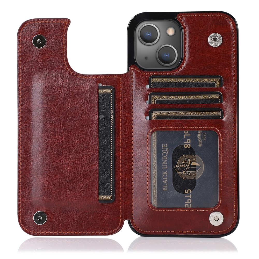 Scratch-resistant Phone Cover PU Leather Coated TPU Phone Case Double Magnetic Buttons Crazy Horse Texture with Kickstand Card Holder for iPhone 13 mini 5.4 inch - Brown