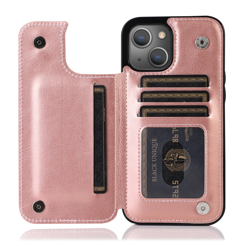 Scratch-resistant Phone Cover PU Leather Coated TPU Phone Case Double Magnetic Buttons Crazy Horse Texture with Kickstand Card Holder for iPhone 13 mini 5.4 inch - Rose Gold
