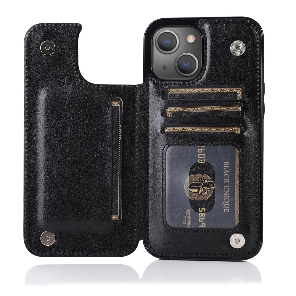 Scratch-resistant Phone Cover PU Leather Coated TPU Phone Case Double Magnetic Buttons Crazy Horse Texture with Kickstand Card Holder for iPhone 13 mini 5.4 inch - Black