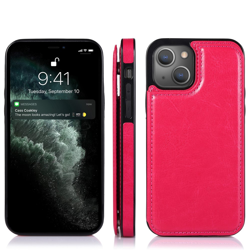 PU Leather Coated TPU Phone Case Double Magnetic Buttons Crazy Horse Texture Kickstand Card Holder Scratch-resistant Phone Cover for iPhone 13 6.1 inch - Rose-10