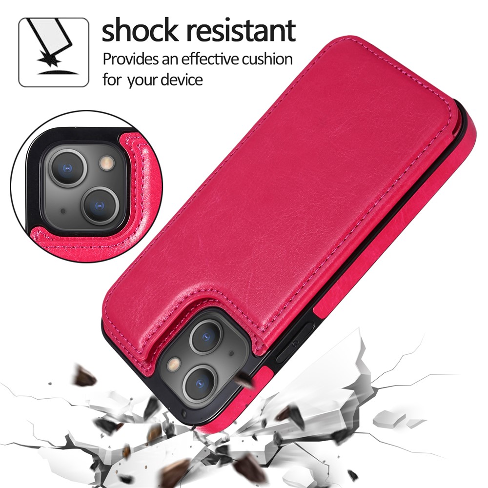PU Leather Coated TPU Phone Case Double Magnetic Buttons Crazy Horse Texture Kickstand Card Holder Scratch-resistant Phone Cover for iPhone 13 6.1 inch - Rose-4