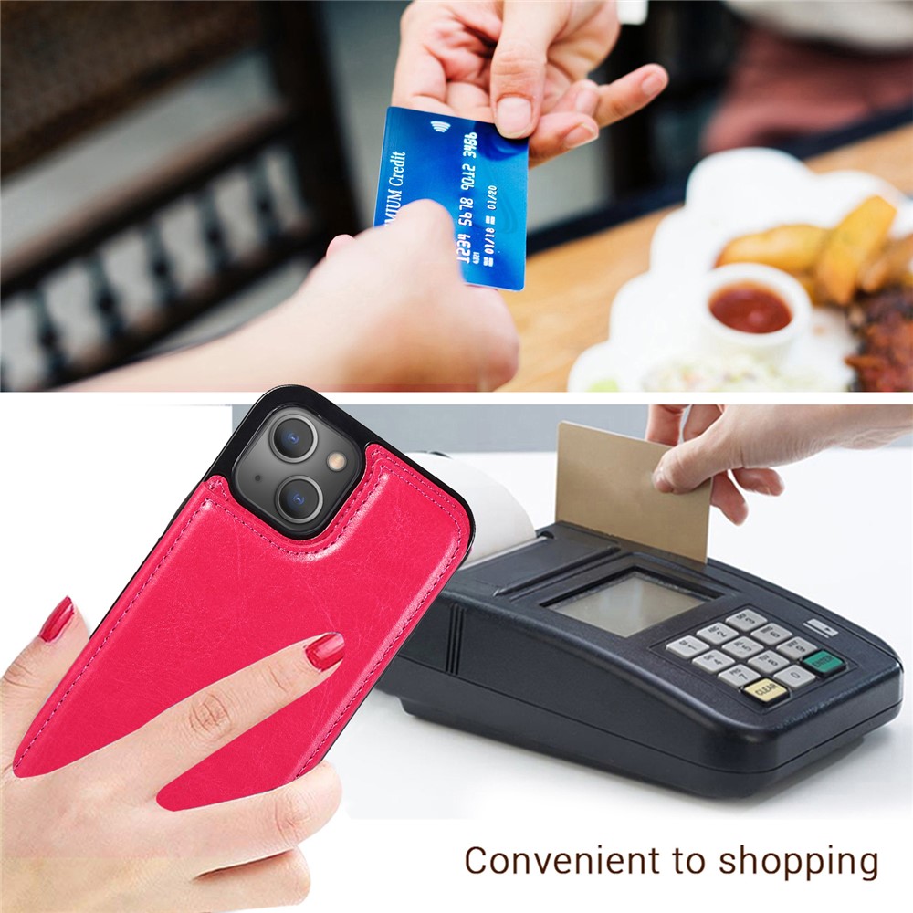 PU Leather Coated TPU Phone Case Double Magnetic Buttons Crazy Horse Texture Kickstand Card Holder Scratch-resistant Phone Cover for iPhone 13 6.1 inch - Rose-6