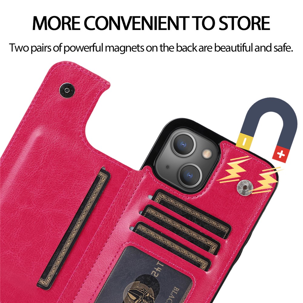 PU Leather Coated TPU Phone Case Double Magnetic Buttons Crazy Horse Texture Kickstand Card Holder Scratch-resistant Phone Cover for iPhone 13 6.1 inch - Rose-7