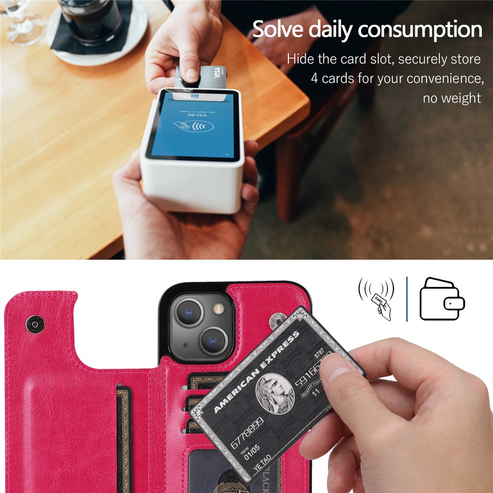 PU Leather Coated TPU Phone Case Double Magnetic Buttons Crazy Horse Texture Kickstand Card Holder Scratch-resistant Phone Cover for iPhone 13 6.1 inch - Rose-8