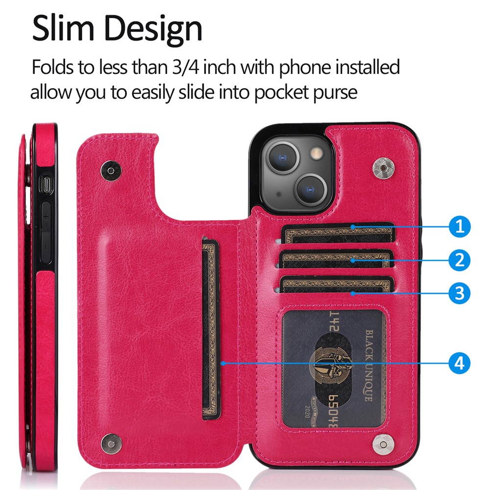PU Leather Coated TPU Phone Case Double Magnetic Buttons Crazy Horse Texture Kickstand Card Holder Scratch-resistant Phone Cover for iPhone 13 6.1 inch - Rose-9