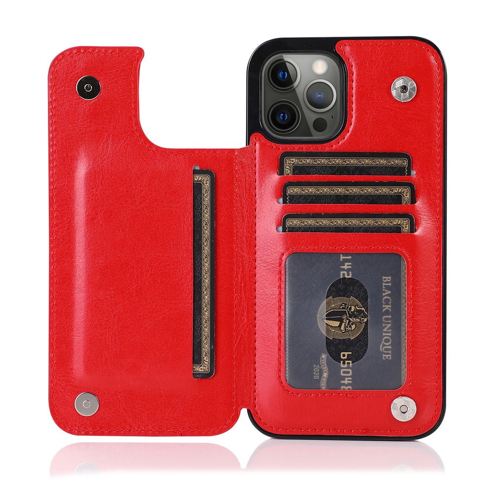 High-end PU Leather and TPU Phone Case Double Magnetic Buttons Crazy Horse Texture Kickstand Card Holder Phone Cover for iPhone 13 Pro 6.1 inch - Red-1