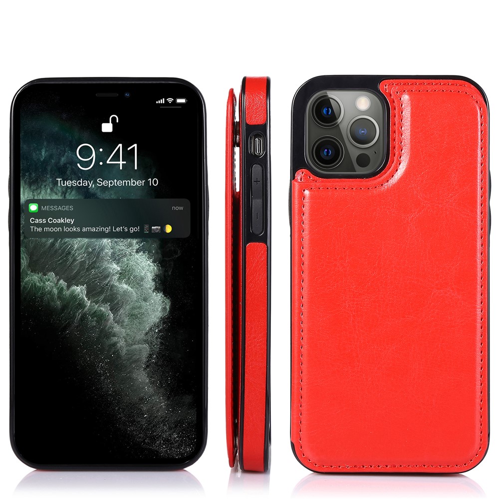 High-end PU Leather and TPU Phone Case Double Magnetic Buttons Crazy Horse Texture Kickstand Card Holder Phone Cover for iPhone 13 Pro 6.1 inch - Red-10