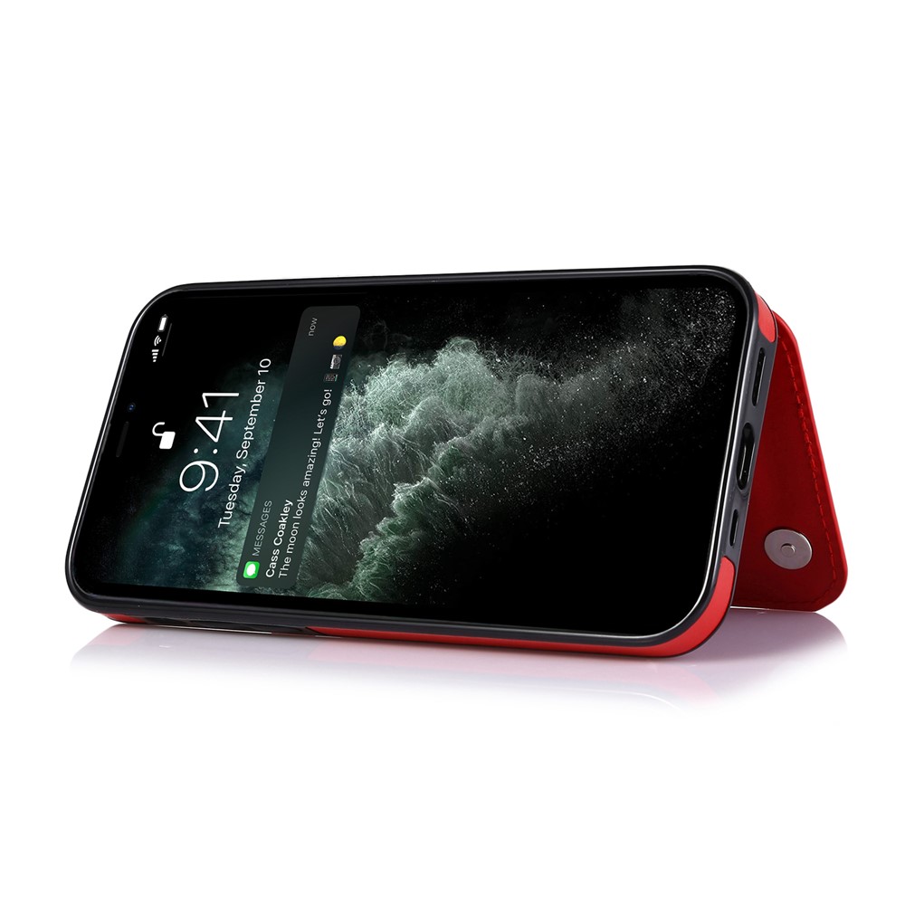 High-end PU Leather and TPU Phone Case Double Magnetic Buttons Crazy Horse Texture Kickstand Card Holder Phone Cover for iPhone 13 Pro 6.1 inch - Red-3