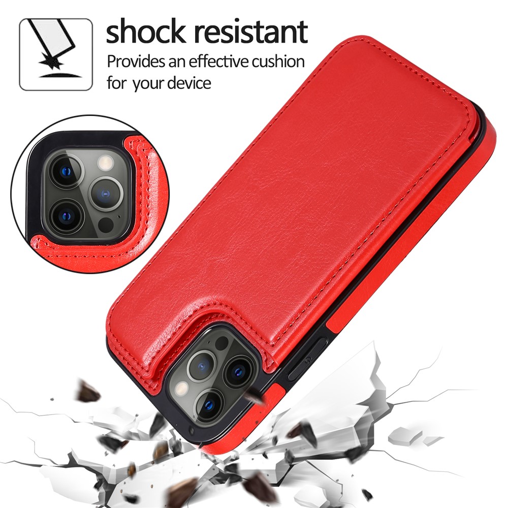 High-end PU Leather and TPU Phone Case Double Magnetic Buttons Crazy Horse Texture Kickstand Card Holder Phone Cover for iPhone 13 Pro 6.1 inch - Red-4