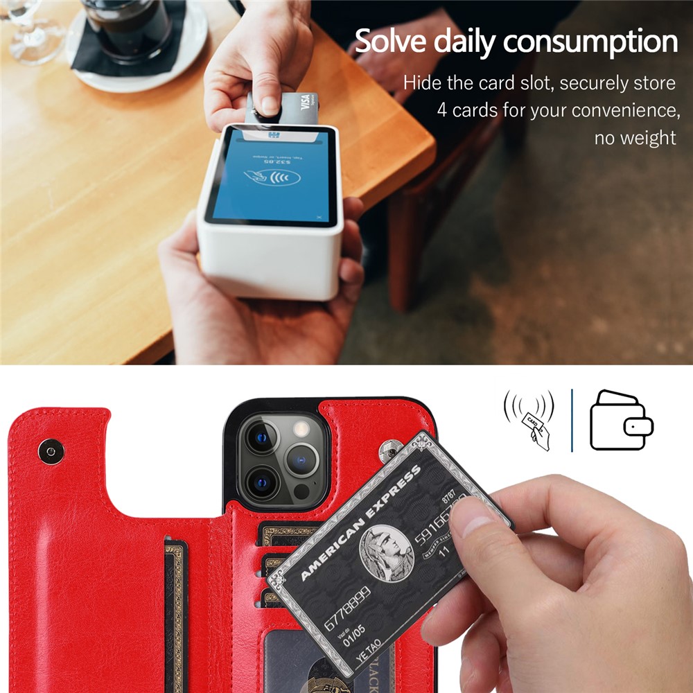 High-end PU Leather and TPU Phone Case Double Magnetic Buttons Crazy Horse Texture Kickstand Card Holder Phone Cover for iPhone 13 Pro 6.1 inch - Red-8