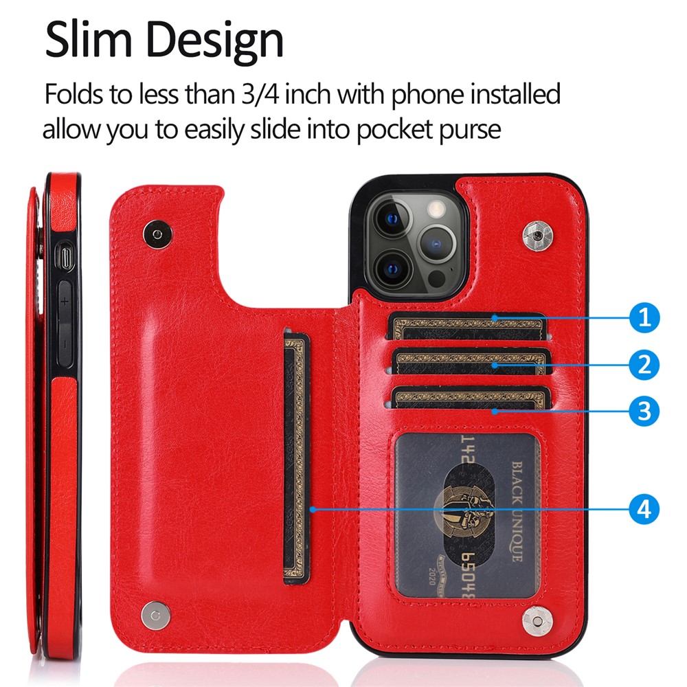 High-end PU Leather and TPU Phone Case Double Magnetic Buttons Crazy Horse Texture Kickstand Card Holder Phone Cover for iPhone 13 Pro 6.1 inch - Red-9