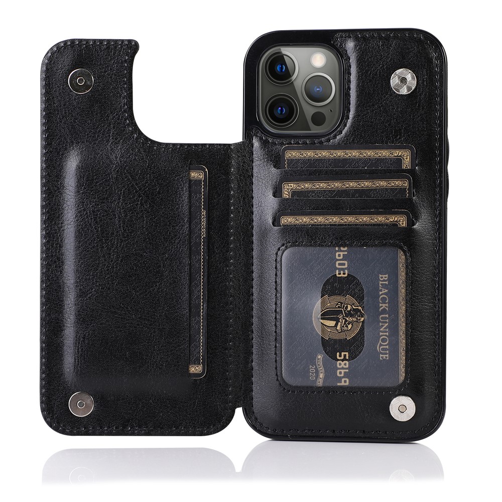 Double Magnetic Buttons PU Leather Coated TPU Phone Case Crazy Horse Texture Kickstand Card Holder Scratch-resistant Phone Cover for iPhone 13 Pro Max 6.7 inch - Black-1
