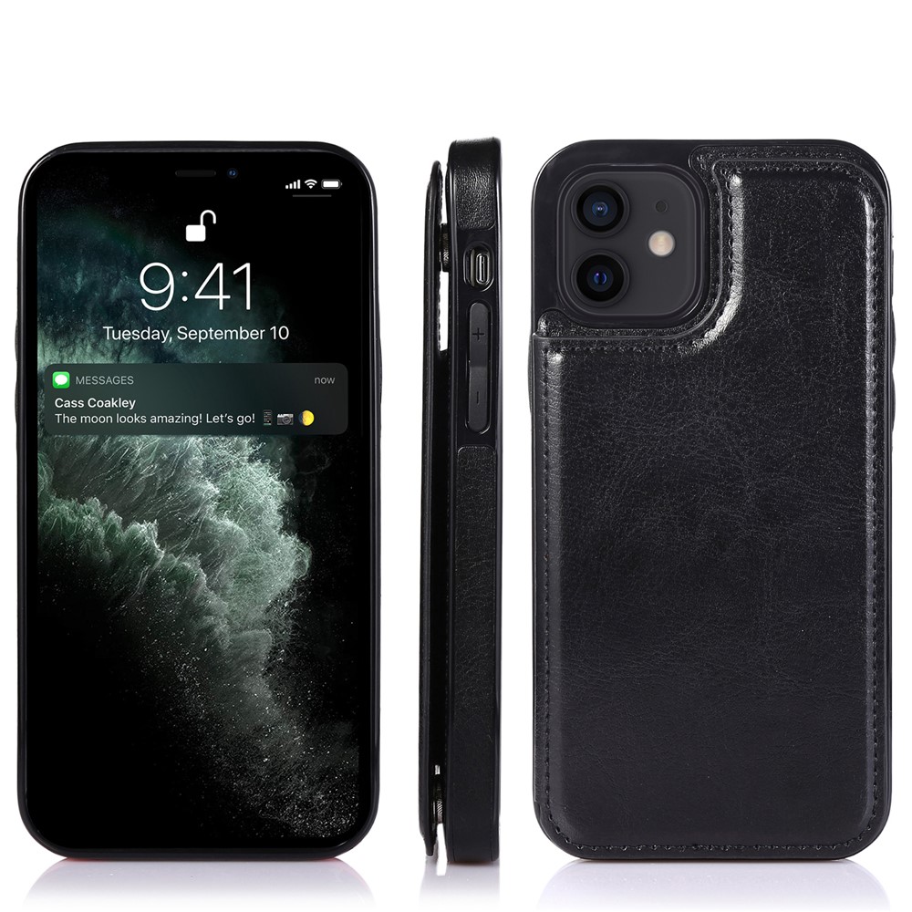 Double Magnetic Buttons PU Leather Coated TPU Phone Case Crazy Horse Texture Kickstand Card Holder Scratch-resistant Phone Cover for iPhone 13 Pro Max 6.7 inch - Black-10