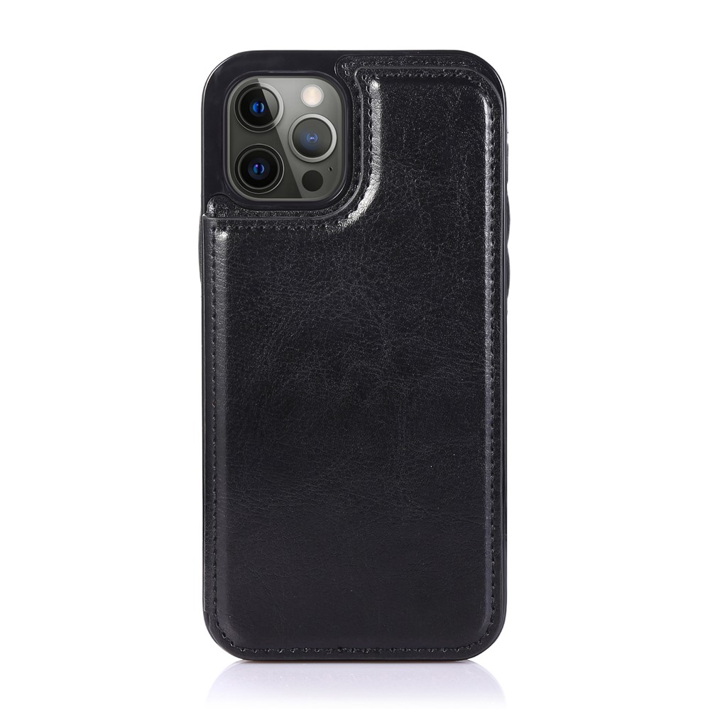 Double Magnetic Buttons PU Leather Coated TPU Phone Case Crazy Horse Texture Kickstand Card Holder Scratch-resistant Phone Cover for iPhone 13 Pro Max 6.7 inch - Black-2