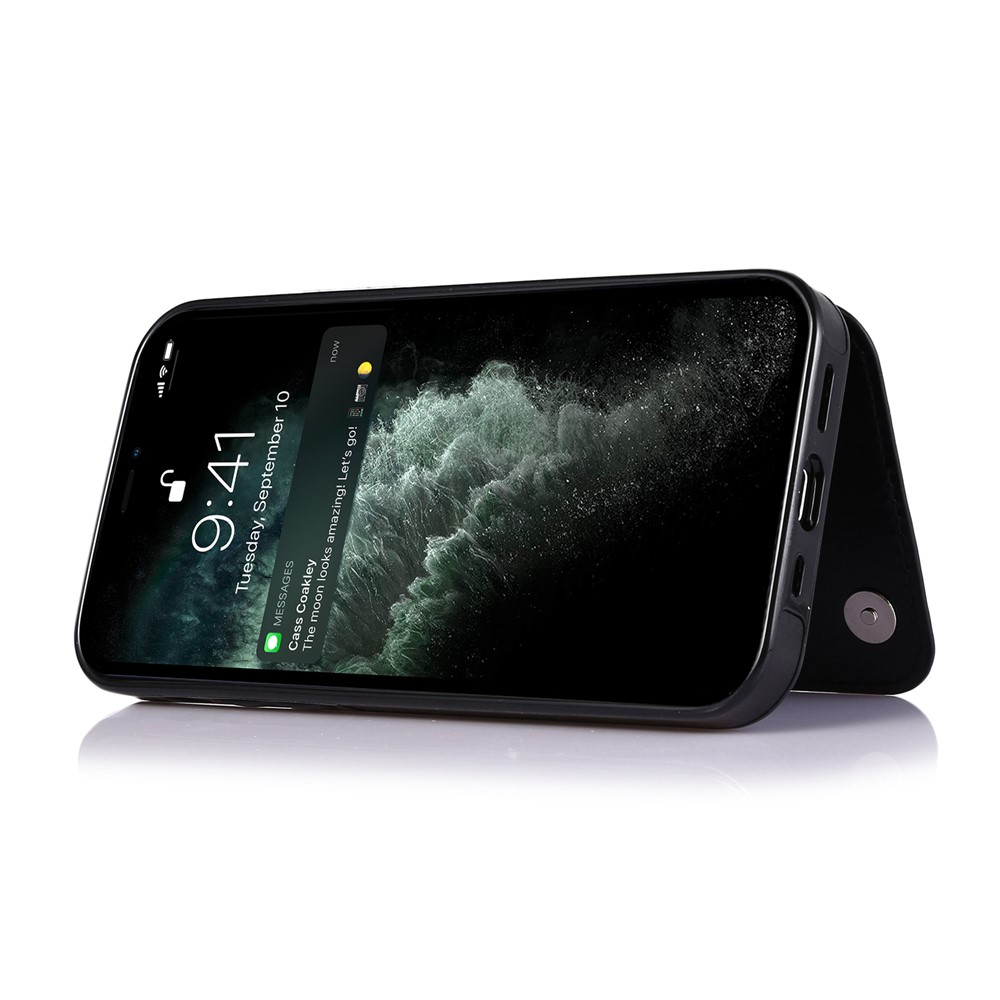 Double Magnetic Buttons PU Leather Coated TPU Phone Case Crazy Horse Texture Kickstand Card Holder Scratch-resistant Phone Cover for iPhone 13 Pro Max 6.7 inch - Black-3