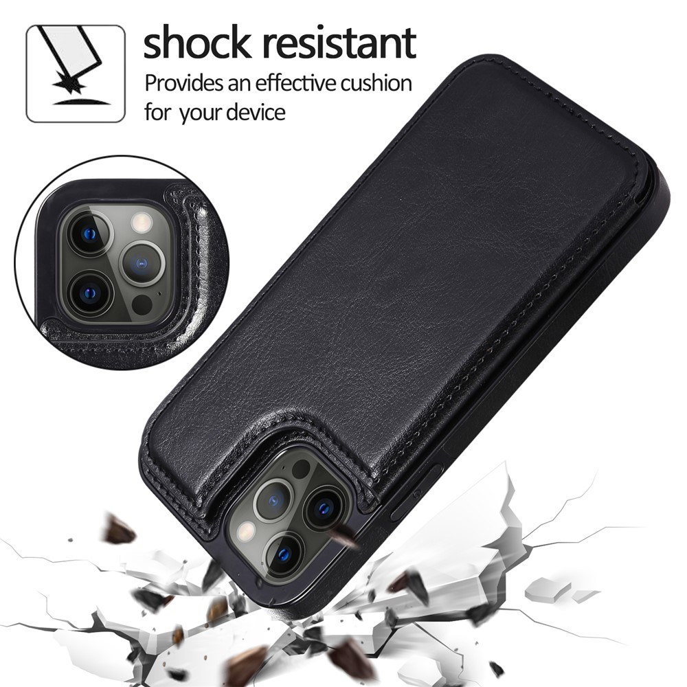 Double Magnetic Buttons PU Leather Coated TPU Phone Case Crazy Horse Texture Kickstand Card Holder Scratch-resistant Phone Cover for iPhone 13 Pro Max 6.7 inch - Black-4