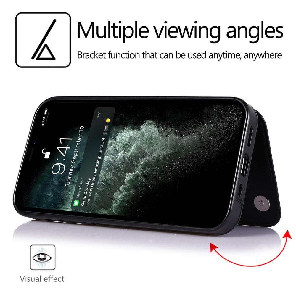 Double Magnetic Buttons PU Leather Coated TPU Phone Case Crazy Horse Texture Kickstand Card Holder Scratch-resistant Phone Cover for iPhone 13 Pro Max 6.7 inch - Black-5