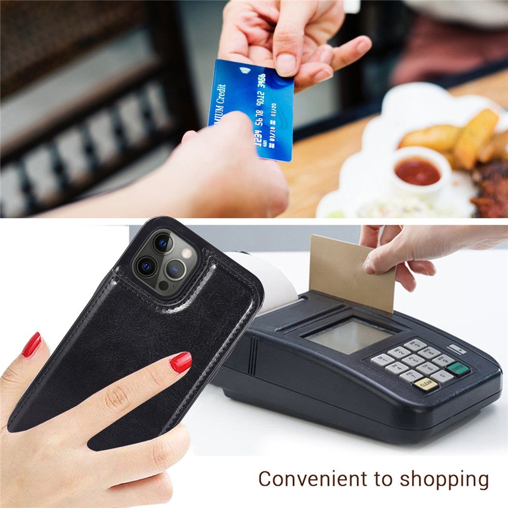 Double Magnetic Buttons PU Leather Coated TPU Phone Case Crazy Horse Texture Kickstand Card Holder Scratch-resistant Phone Cover for iPhone 13 Pro Max 6.7 inch - Black-6
