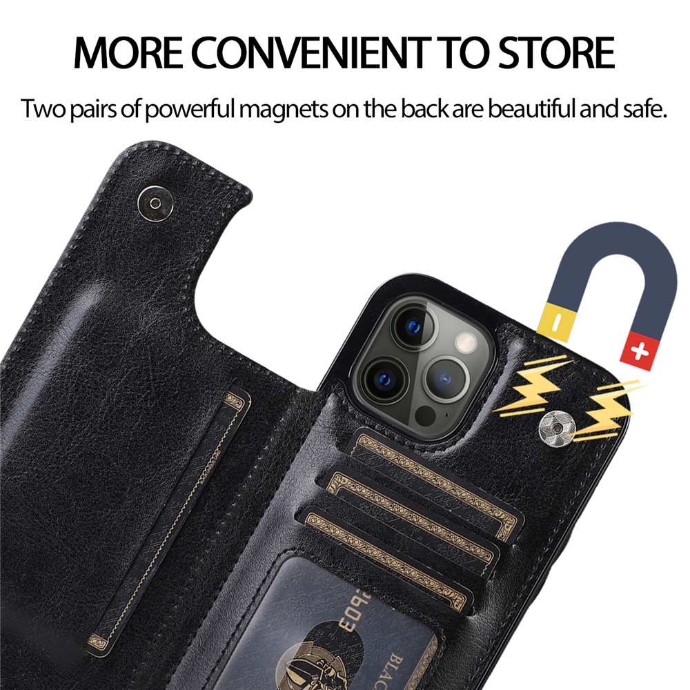 Double Magnetic Buttons PU Leather Coated TPU Phone Case Crazy Horse Texture Kickstand Card Holder Scratch-resistant Phone Cover for iPhone 13 Pro Max 6.7 inch - Black-7