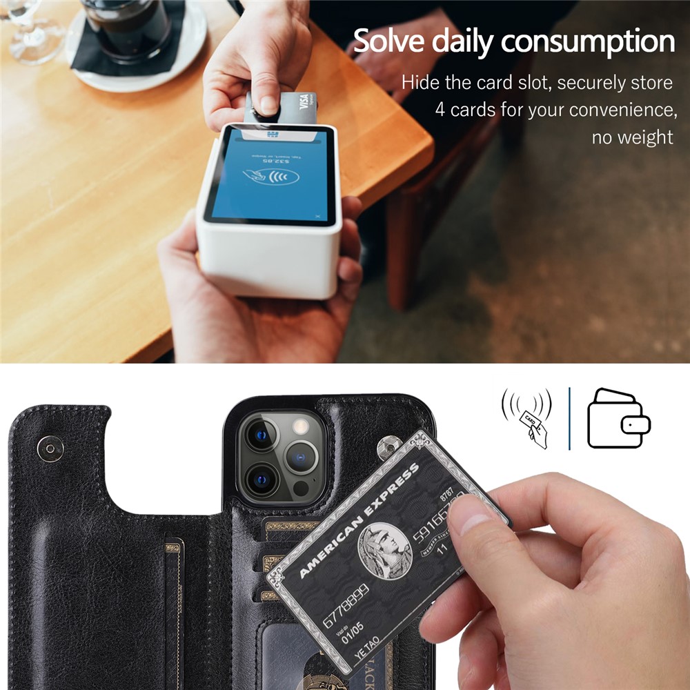 Double Magnetic Buttons PU Leather Coated TPU Phone Case Crazy Horse Texture Kickstand Card Holder Scratch-resistant Phone Cover for iPhone 13 Pro Max 6.7 inch - Black-8