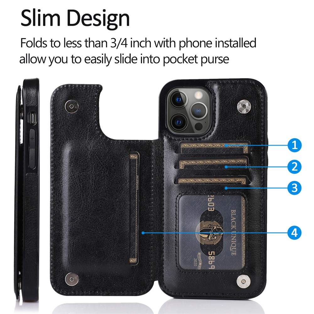 Double Magnetic Buttons PU Leather Coated TPU Phone Case Crazy Horse Texture Kickstand Card Holder Scratch-resistant Phone Cover for iPhone 13 Pro Max 6.7 inch - Black-9
