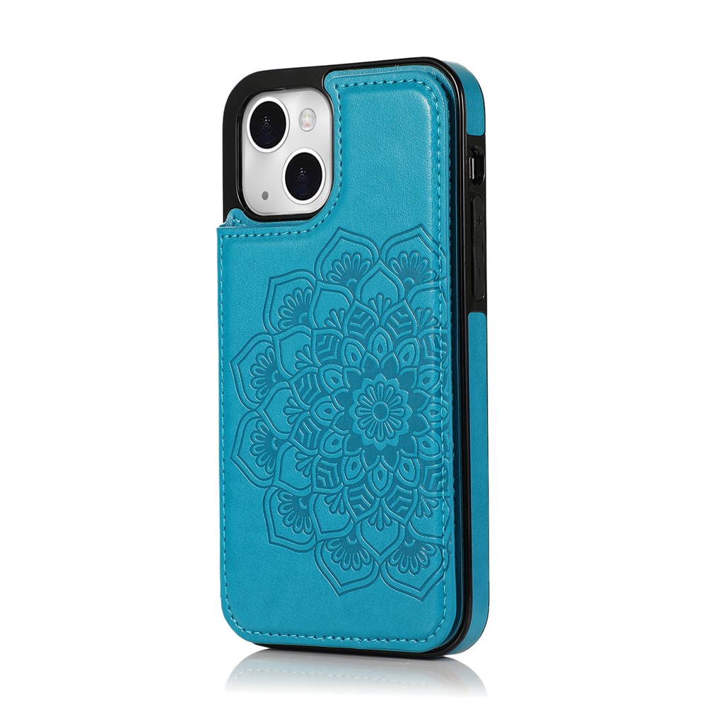 PU Leather Coated TPU Phone Case Double Magnetic Buttons Imprinted Mandala Flower Kickstand Card Holder Scratch-resistant Phone Cover for iPhone 13 mini 5.4 inch - Blue-2