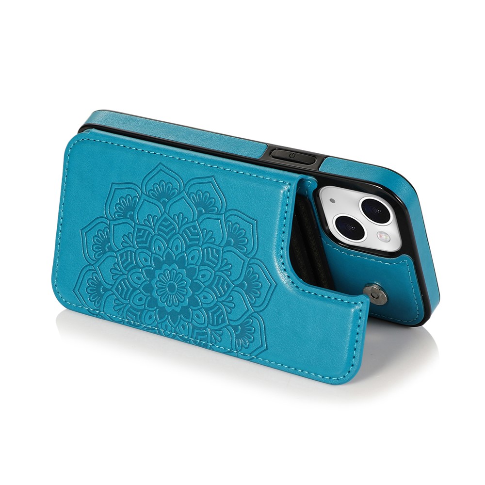 PU Leather Coated TPU Phone Case Double Magnetic Buttons Imprinted Mandala Flower Kickstand Card Holder Scratch-resistant Phone Cover for iPhone 13 mini 5.4 inch - Blue-3