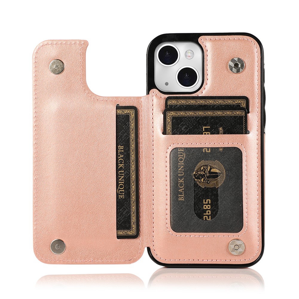 PU Leather Coated TPU Phone Case Double Magnetic Buttons Imprinted Mandala Flower Kickstand Card Holder Scratch-resistant Phone Cover for iPhone 13 mini 5.4 inch - Rose Gold